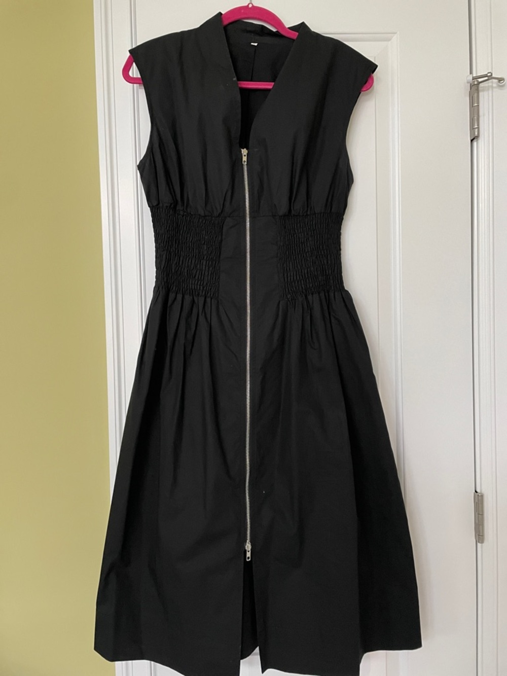 Sleeveless Black Midi Dress with Front Zip and Smocked Waist